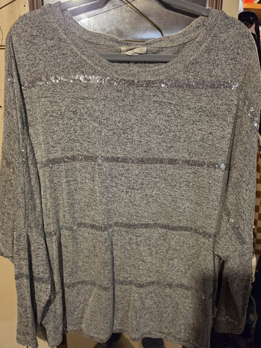 Women's Gray Sequin-Striped Long Sleeve Sweater